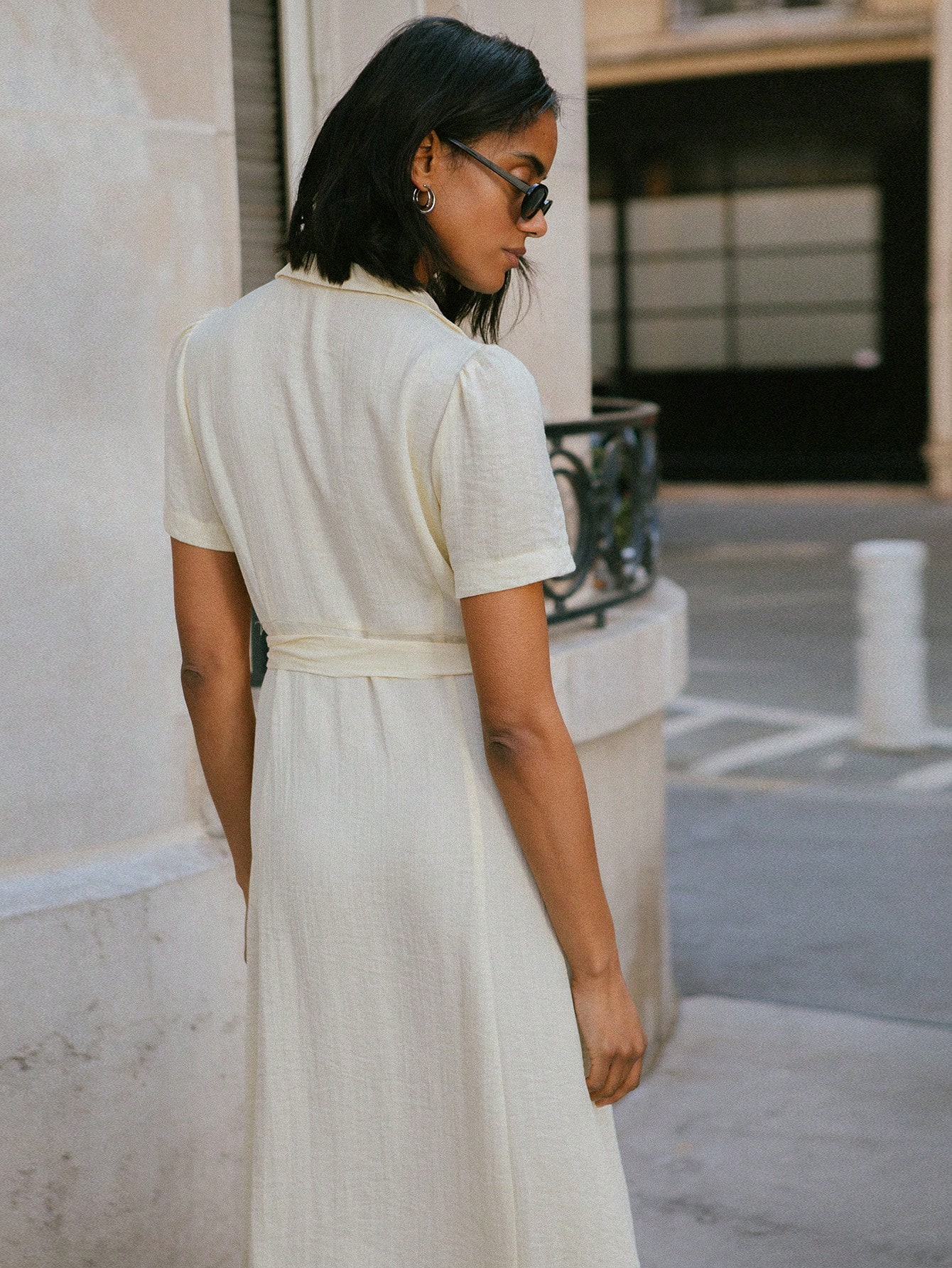 Butter Yellow Vintage Button Front Tie Waist Midi Dress Office Outfits For Women Teacher Dress Office Dress Spring Dress