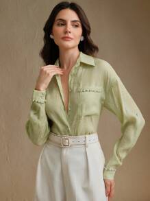 Anewsta Women's Floral Print Chiffon Studded Elegant Classic Loose Blouse, Old Money, Modest, Spring - Green - View 3