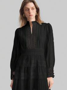 Ontre Abito lungo elegante da donna con scollo a V, maniche lunghe e contrasto di colore in pizzo