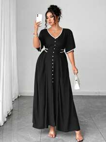 Elenzga Plus Size Women V-Neck Ruffle Sleeve Bowknot Back Bodycon Elegant Dress, Summer Outfit - Black and White - View 1