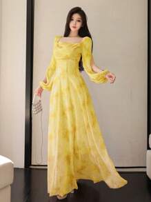 Modelyn Women's Chiffon Ditsy Floral Draped Neck Waisted Flared Hem Elegant Resort Dress Fall Cloth For Women - Yellow - View 5