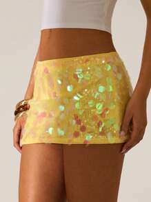 Glamine Women's Solid Color Sequin Decor Fitted Mini Yellow Skirt Women Bottoms Women Summer Clothing - Yellow - View 7