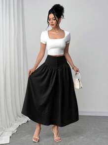 Firerie 女士休闲百搭纯色高腰半身裙 - 黑色 - 查看 4