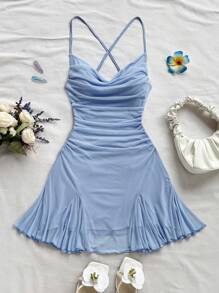 Soleia Vestido mini para mujer de estilo vacacional, con tirantes de espagueti, cuello drapeado, espalda descubierta, lazo, cola de pez, estilo sexy, para el té, pasear, romántico, cita, atuendo de playa, malla, joven, estilo juvenil