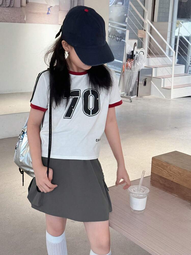Girls Crew Neck Printed Short Sleeve T-Shirt + Skirt Fashion 2pcs Outfit Sets, Summer,Back To School Clothes
