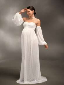 SHEIN 孕妇露肩灯笼袖连衣裙，适合洗礼、摄影、派对 - 白色 - 查看 7