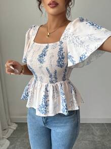 Elenzga Blusa ajustada con estampado floral elegante y volantes en el bajo, estilo casual de oficina/vacaciones romántico para el Día de la Independencia, la graduación y el regreso a la escuela