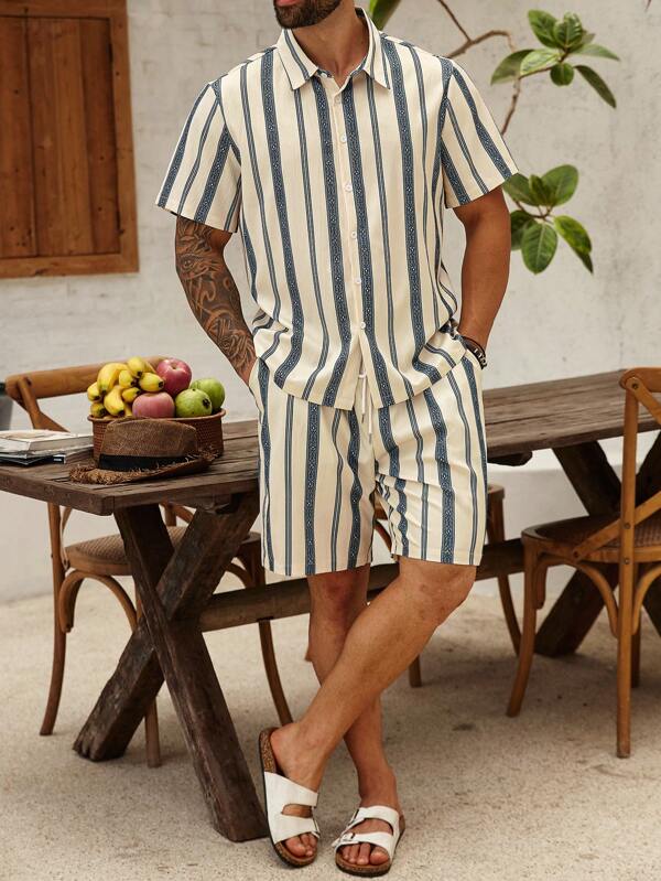 ResortEase Herren Große Größen gestreiftes Set, gestreiftes Kurzarmhemd und Shorts, modisch für den Sommer