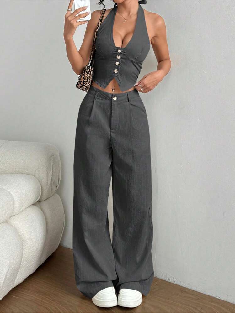 SHEIN PETITE Women Two Pieces Outfits For Daily Wear - Dark Grey - View 6