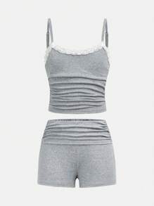 SHEIN Girlism Tween Girl Casual & Comfy Floral Trim Camisole And Shorts Set Sleeveless Top Set Girls Ribbed Set Lace Trim Cami And Shorts Set