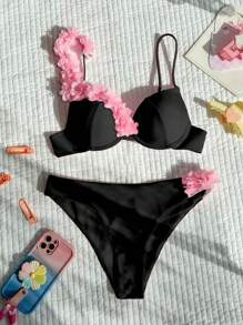 Swim SXY 女士 3D 花卉装饰性感比基尼套装，聚拢带钢圈，夏季海滩 - 黑色 - 查看 3