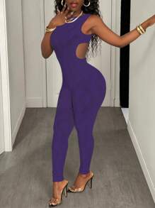 BamGleam Women's Solid Color Crew Neck Hollow Mesh Jumpsuit