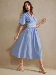 Anewsta Váy dự tiệc cưới cho nữ mùa xuân, mùa hè, lễ hội - Váy maxi cổ chữ V tay đèn lồng thêu hoa thanh lịch có viền xếp nếp - Màu xanh lam - Xem 2