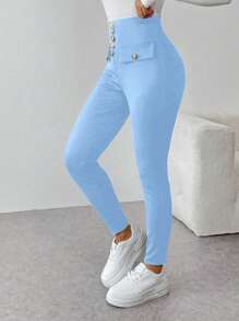 SHEIN Unity Pantalones casuales de unicolor y ajuste ceñido para mujeres para ir al trabajo - Azul - Ver 3