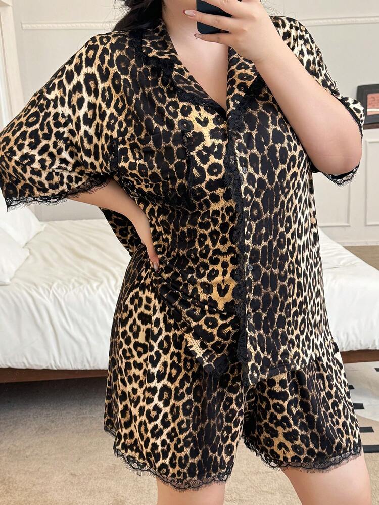 Dazy Plus Leopard Print Contrast Lace Short Sleeve Top And Shorts Pajamas Set