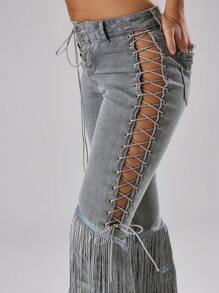 MUSERA Jeans con flecos, cordones y vuelo para primavera, verano, vacaciones, Ibiza, festivales, chica cool, náufrago