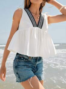 Maija 女式 V 领复古宽松褶边肩带无袖上衣，性感时尚海滩度假夏威夷休闲吊带背心 - 白色 - 查看 7
