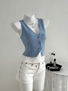 SHEIN Unity Áo khoác vest vest nữ xuân/hè cổ chữ V, màu tương phản, nhiều lớp giả, thắt eo - Nhiều màu - Xem 5