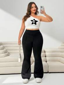 Solflare Pantalones anchos de punto elástico de cintura alta con bolsillos para mujer talla grande, para uso casual, yoga, al aire libre, de vuelta al colegio, para otoño e invierno, color negro sólido, con leggings de bolsillos