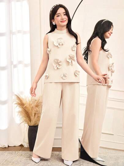 SHEIN 少女杏色优雅立领花卉两件套，适合春夏季、节日、派对、早午餐、返校