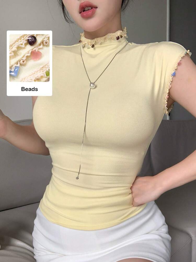 Women Casual Ribbed Crew Neck Beaded Decor Short Sleeve Solid Color T-Shirt, Cream Yellow, Bohemian Style, Spring & Summer