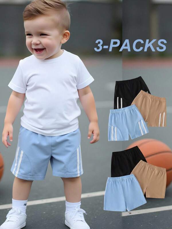 3 Pcs Toddler Boys' Summer Casual White Strap Design Versatile Elastic Waist Loose Comfortable Shorts, Sporty Style
