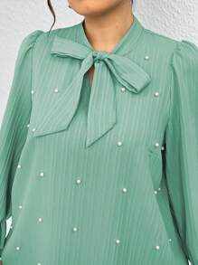 SHEIN Clasi Plus Size Elegant Solid Pearl Decor Knotted Collar Dress - Mint Green - View 5