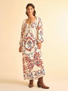 CAJUNI 女士度假休闲印花灯笼袖连衣裙 - 彩色 - 查看 2