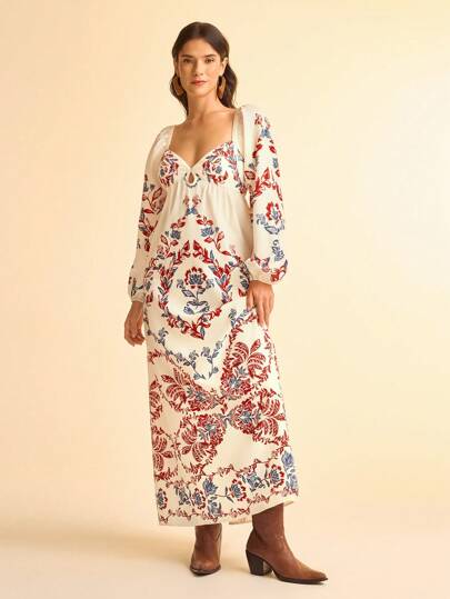 CAJUNI 女士度假休闲印花灯笼袖连衣裙