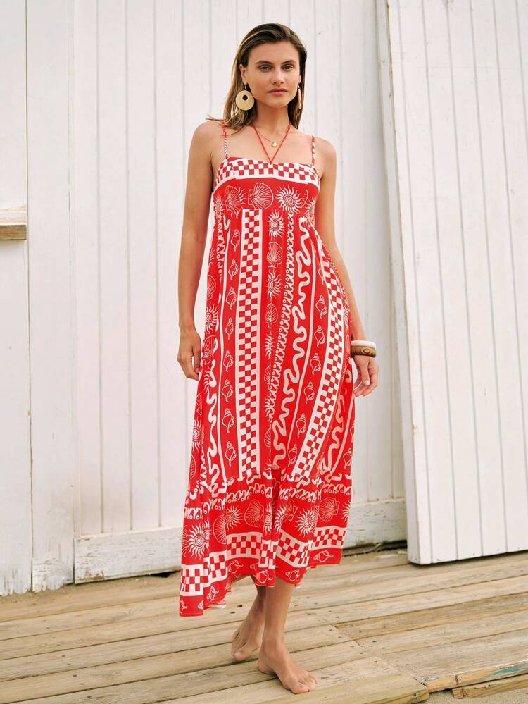SHEIN Maija Women's Checkered Seashell Print Casual Strap Dress For Summer Vacation