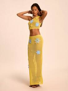 SHEIN BAE 2pcs/Set Girl's Romantic Colorful Floral Print Sleeveless Knit Top & Knitted Blend Skirt - Multicolor - View 5