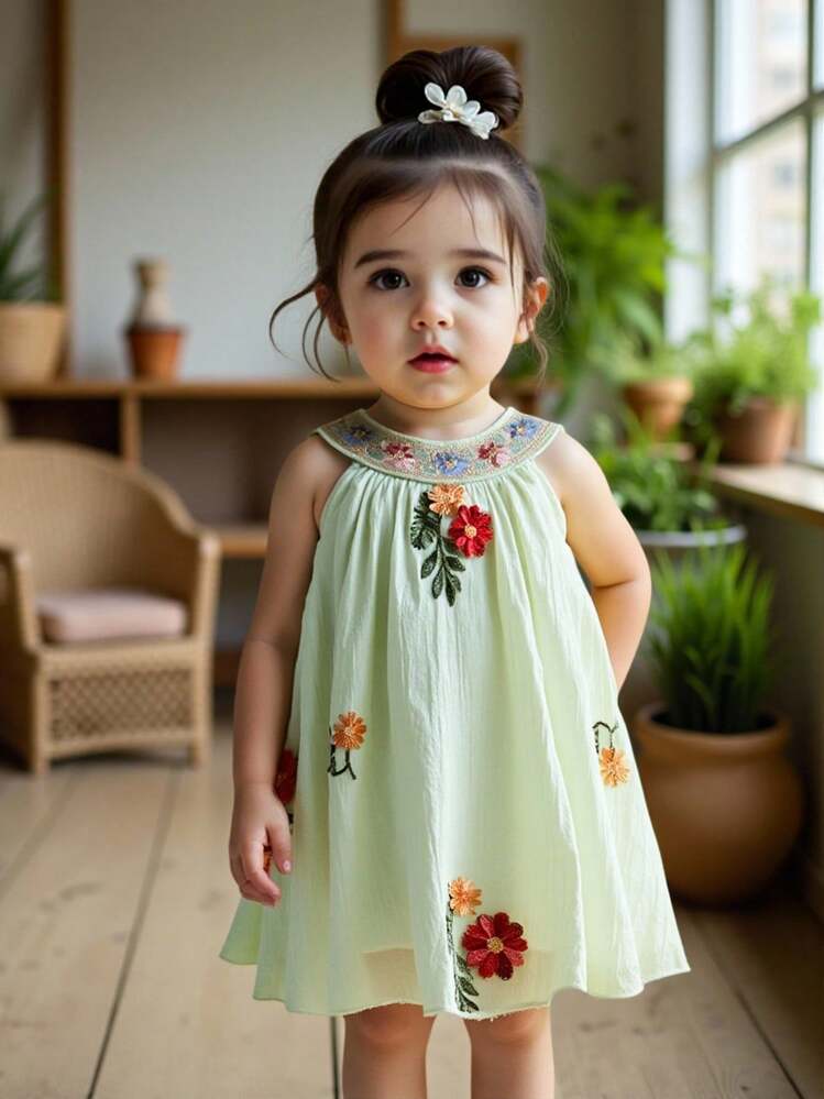 Vintaside Kids 女婴无袖刺绣连衣裙，甜美风格，精致花朵图案，适合节日庆典、家庭聚会，打造优雅小公主造型 - 綠色 - 查看 1