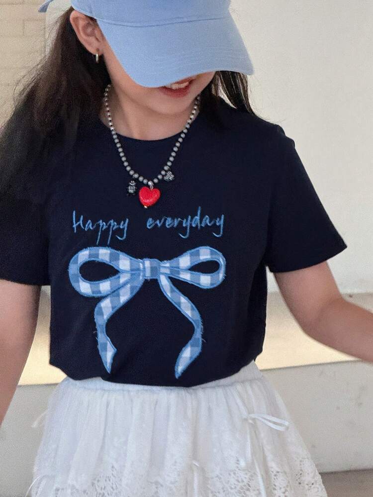Tween Girls' Summer Slogan, Bow Print Round Neck Short Sleeve Casual T-Shirt,Back To School Clothes