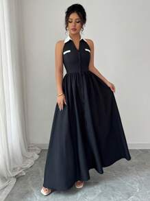 Elenzga Sleeveless Contrast Color Waist Elegant Romantic Women Halter Dress - Black and White - View 7