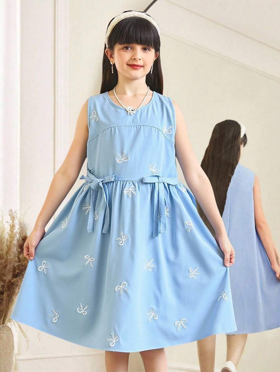 Tween Mädchen Schleife Dekor Rundhals ärmelloses Lässig Kleid