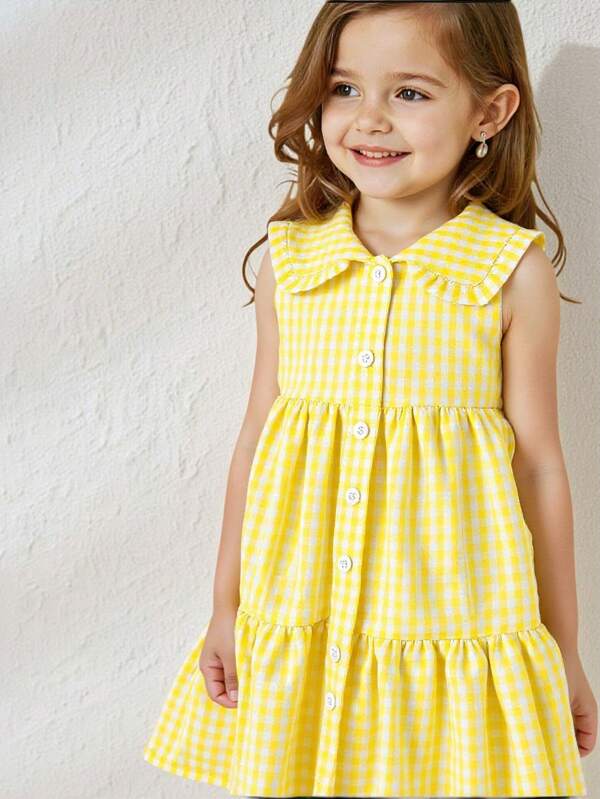 SHEIN Playful Pals Young Girl Elegant Sweet Pink Gingham Collar Sleeveless A-Line Dress With Gingham Patchwork, Suitable For Spring/Summer Outing, Photo Shoot, Daily Wear, School