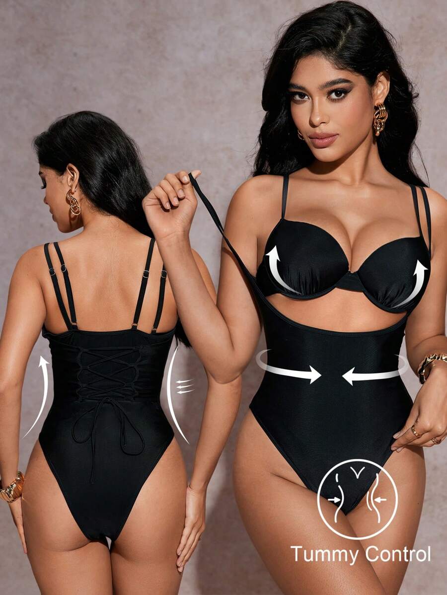 SHEIN Swim 25SS Summer Beach Removable Underwire Molded Cup Versatile Bikini Set - Black - View 1