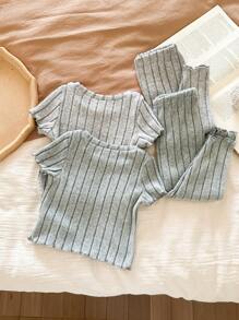 4pcs Baby Girl Casual Ruffled Neck Short Sleeve Top And Long Pants Knitted Ribbed Pajama Set - Green - View 2
