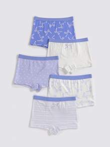 5件套 Tween 女童简约爱心蝴蝶结条纹印花舒适棉质内裤，蓝色系列
