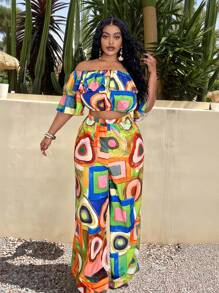 Slaydiva Slayr 休闲基本款几何印花单肩荷叶边下摆阔腿裤套装，适合大码女款 - 彩色 - 查看 2