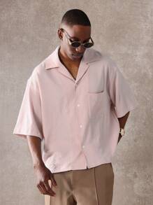 SUMWON Textured Short Sleeve Button Down Casual Resort Shirt Summer Holiday Weekend Lightweight Beach Boxy Fit - Dusty Pink - View 2