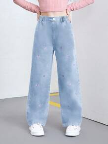 SHEIN Tween Girls Y2K Style Washed Blue Loose Casual Heart Embroidery Straight Leg Jeans, Fashion Versatile Daily Wear, Tween Jeans Embroidery,Tops - Light Wash - View 4