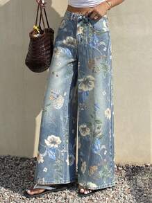 Livesso 女士宽松印花阔腿牛仔裤，夏季度假穿搭 - 藍色 - 查看 3