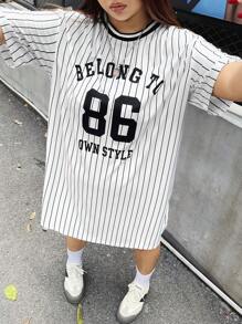 SHEIN EZwear Plus Size Loose Sports Letter T-Shirt Dress For Summer - Black and White - View 3