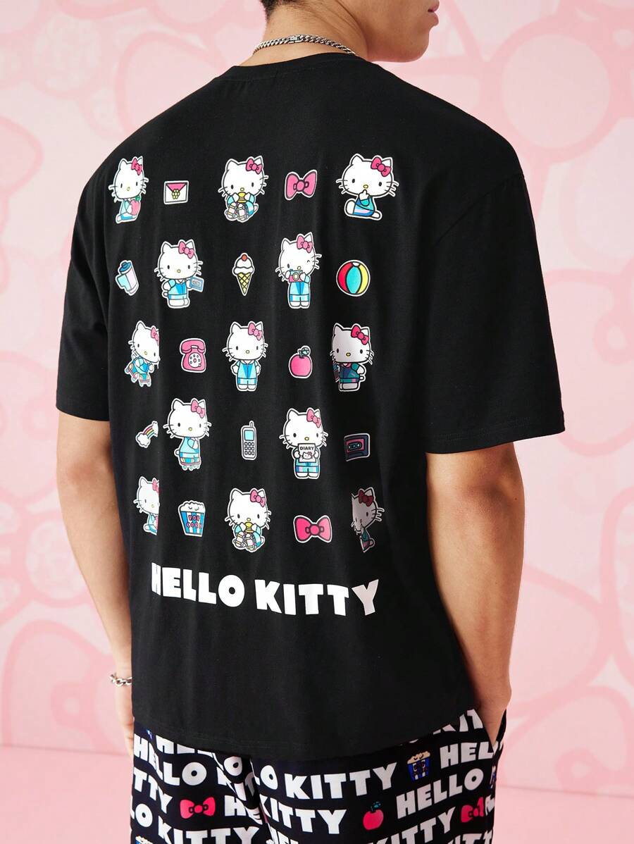 HELLO KITTY AND FRIENDS | SHEIN 1 件休闲卡通字母印花落肩宽松短袖 T 恤，男女通用 - 黑色 - 查看 1