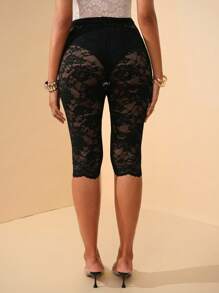 MaterniChic Maternity Lace Waist Adjustable Short Leggings - Black - View 2