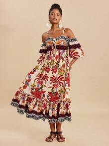 Travachic 女式度假风热带印花露肩泡泡袖前结连衣裙，夏季