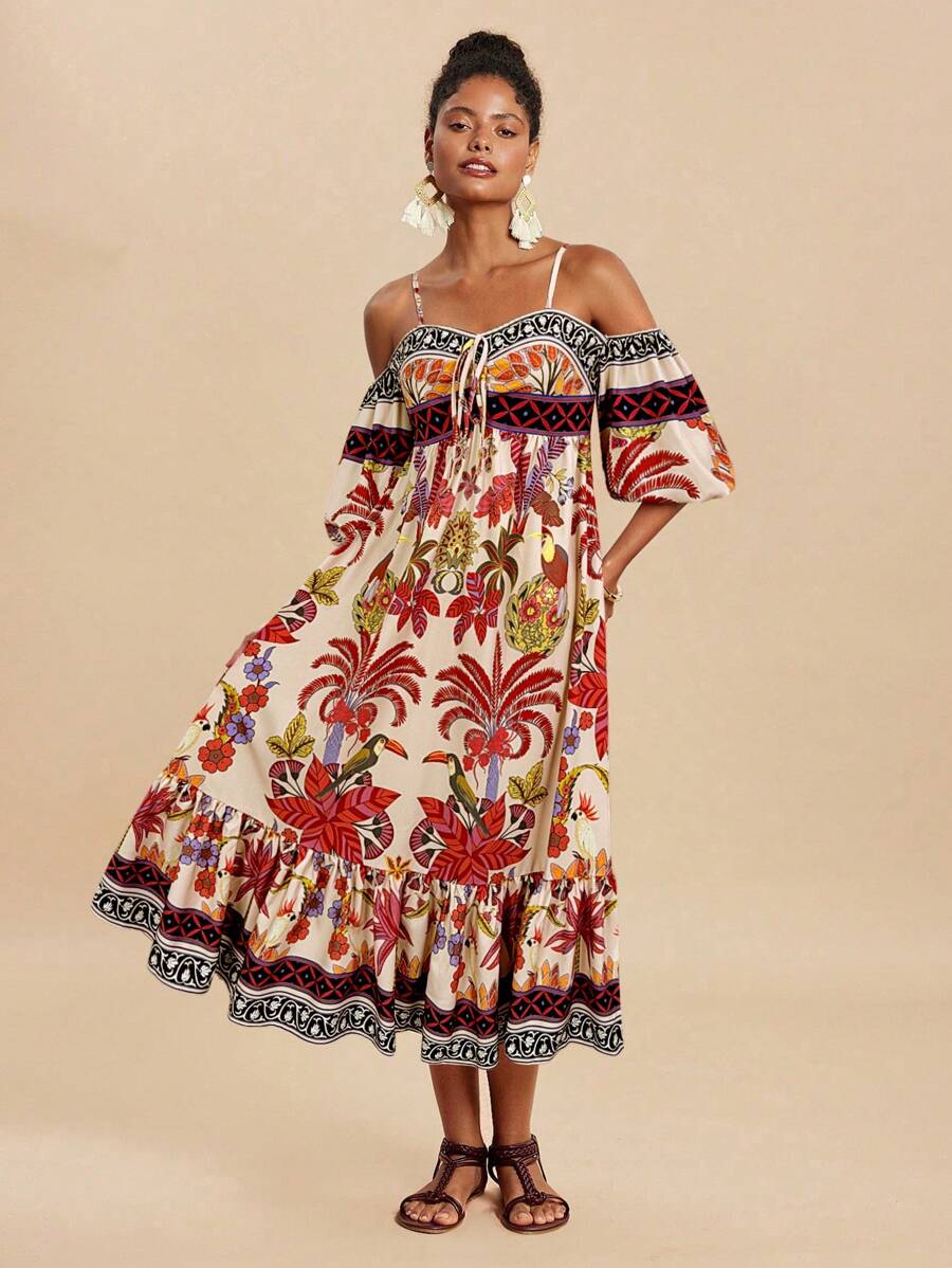 Travachic 女式度假风热带印花露肩泡泡袖前结连衣裙，夏季