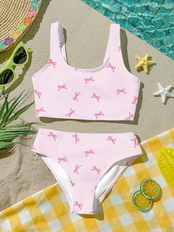 Cute Pink Striped, Pink Bow Print Tween Girls Casual Minimalist Camisole & Triangle Bikini Swimsuit Set, Suitable For Summer