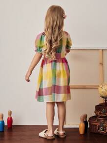 PrepCrw Vestido camisa con cinturón con estampado de cuadros de colores para niña, estilo escolar